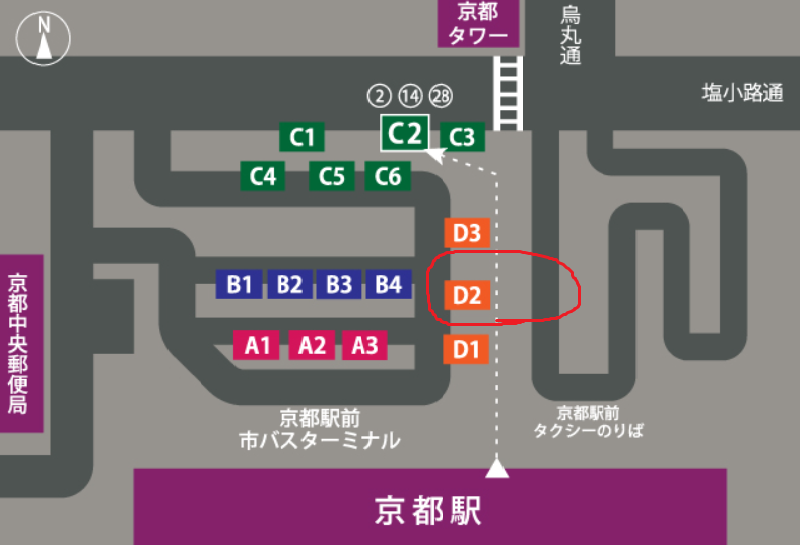 京都駅前バス停のD2乗り場から、祇園行きのバスが出ています。