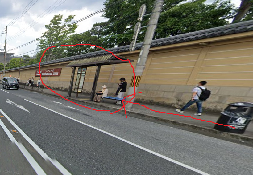 すぐ右側に、博物館三十三間堂前バス停が見えてきます。