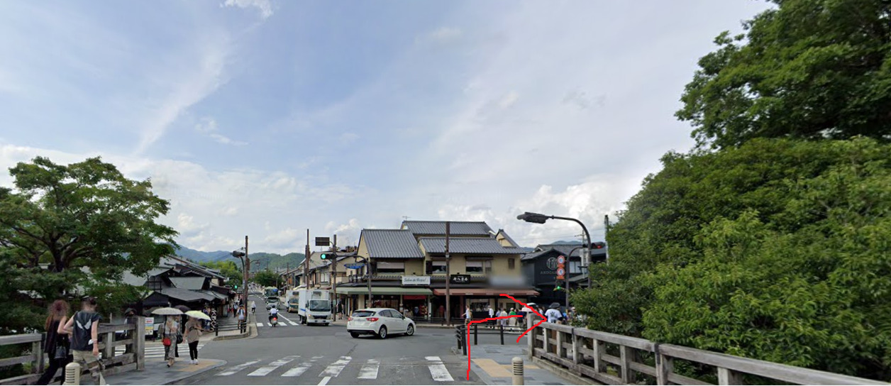渡月橋の北側から出て、右方向に進みます。北方向は、嵐山駅（嵐電）の方向です。南方向には、嵐山駅（阪急）があります。