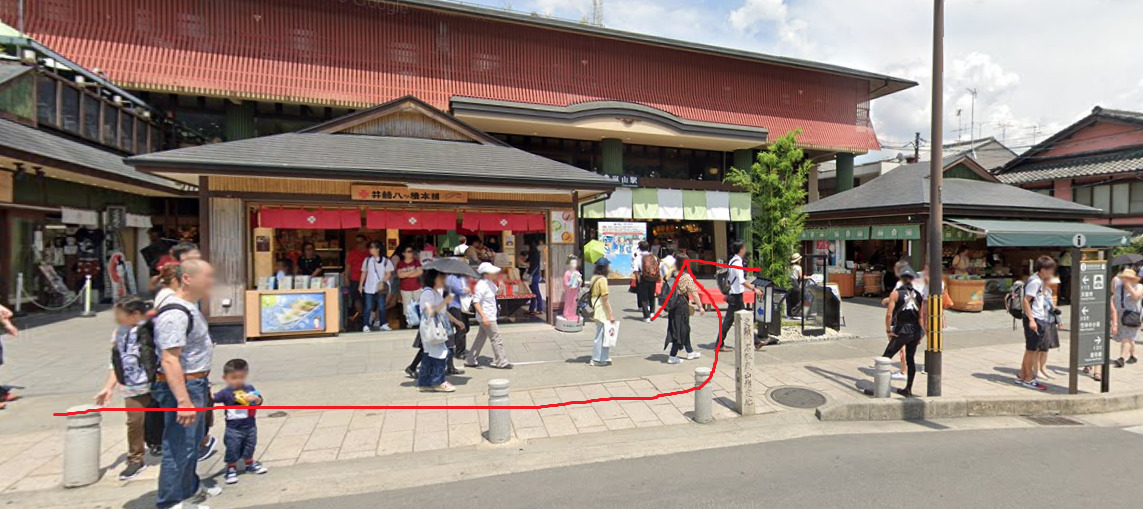約50ｍ行くと、左側に、嵐山駅（嵐電）が見えてきます。