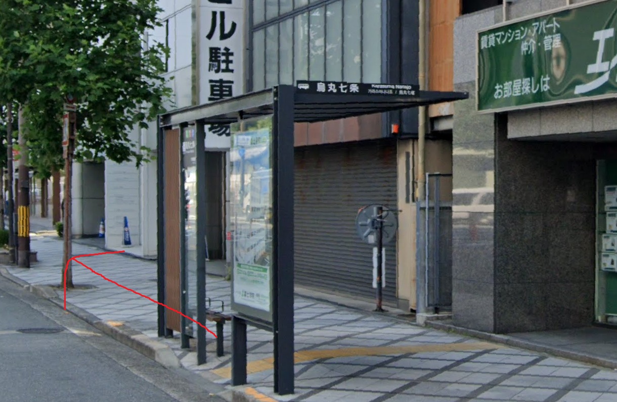 烏丸七条バス停に着いたら、北方向に進みます。北方向は、バスの進行方向の反対側になります。