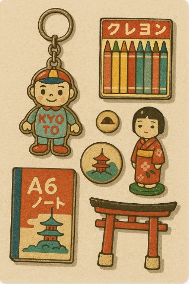 ブリキ風キーホルダー、昭和モチーフの文具、小さな置物・飾り雑貨