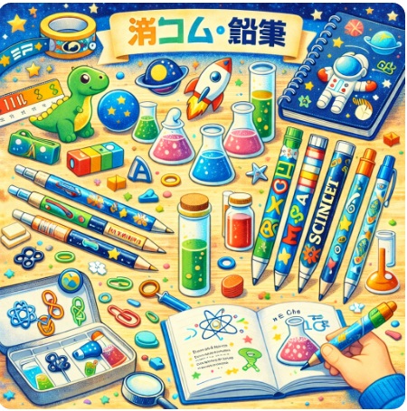 科学モチーフの消しゴム・鉛筆