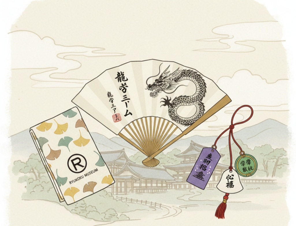 龍谷ミュージアムのお土産の扇子、手ぬぐい、お守りグッズ